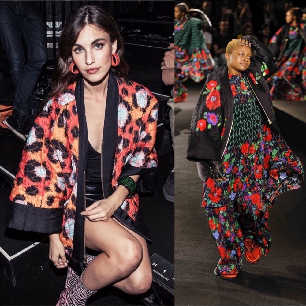 100% Silk Kenzo Black Floral Quilted Bomber Jacket (Msrp $799)